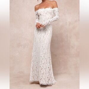 Lulus Romance Dreamer White Lace Off-the-Shoulder Maxi Dress size S NWT